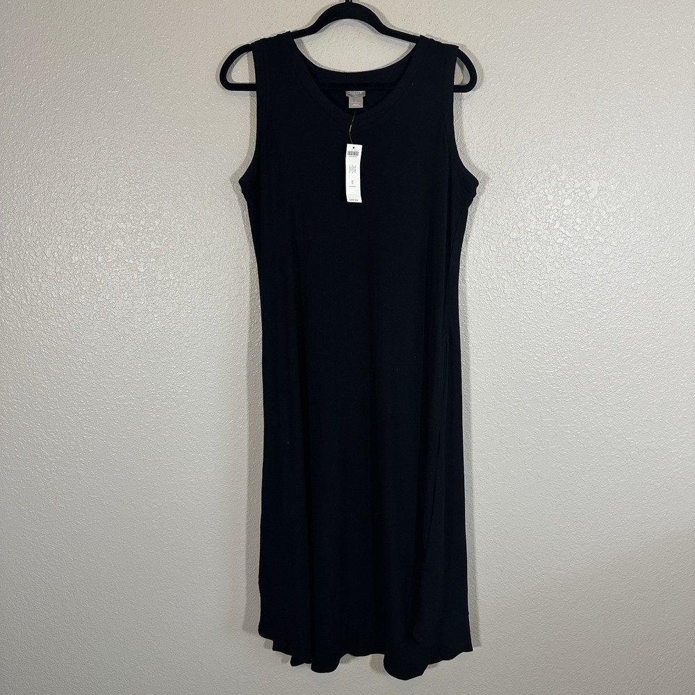 NWT Chico's V-Neck Rib Trim Midi Dress Black Size 3/XL Travel Pockets Comfort
